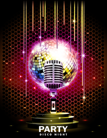 Stage with podium, retro microphone and disco ball. Disco party or karaoke background.のイラスト素材
