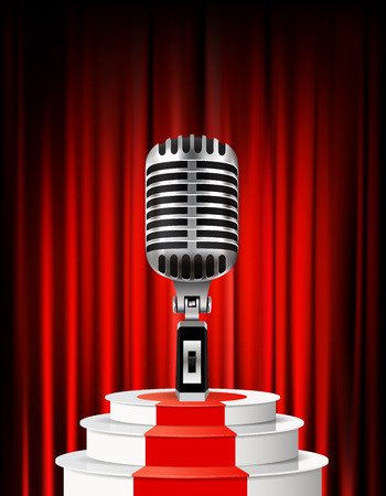 Background with retro microphone against red curtain backdrop. Stand up night show or karaoke party.のイラスト素材