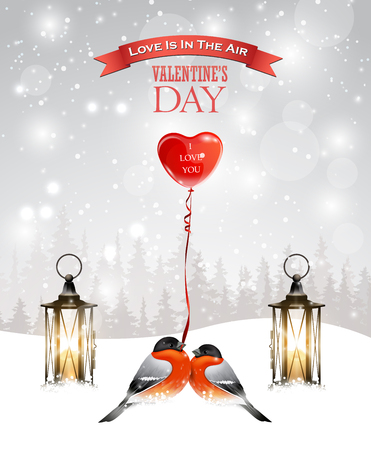 Valentine's day greeting card with lanterns, bullfinch and balloon. Winter landscape.のイラスト素材
