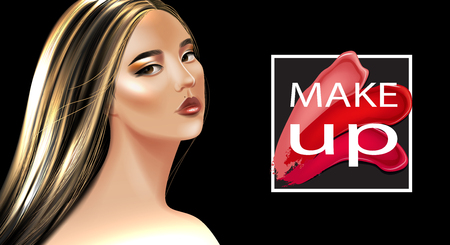 Beauty and cosmetics background with smears lipstick and asian model with blonde hairのイラスト素材