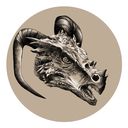 dragon head with horns sketch vector graphics black and white pattern on a beige background circleのイラスト素材