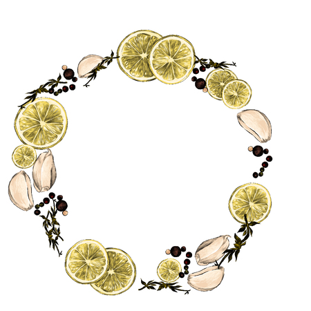 tomatoes lemon garlic seasoning frame sketch vector graphics color pictureのイラスト素材