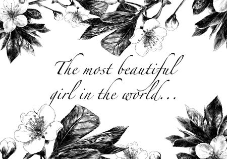 leaves branches stem bamboo pattern flowers texture frame seamless sketch vector graphics monochrome black-and-white drawingのイラスト素材