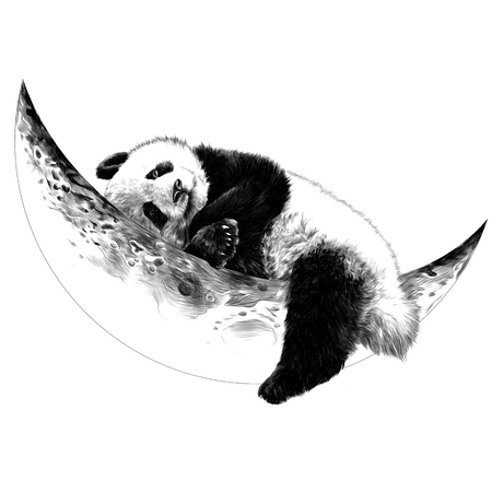 Panda lying on the Crescent moon sketch vector graphics monochrome drawingのイラスト素材