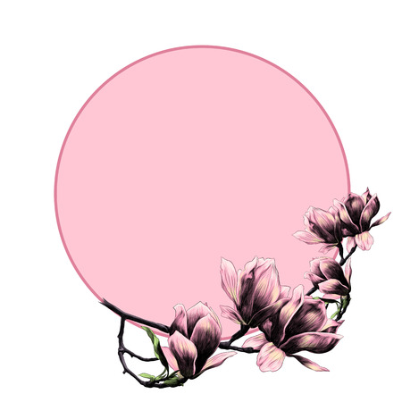 Round frame decorated with Magnolia flowers sketch vector graphics color pictureのイラスト素材