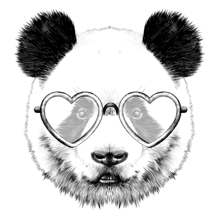 Panda head with glasses in heart shape sketch graphics of a black and white drawingのイラスト素材