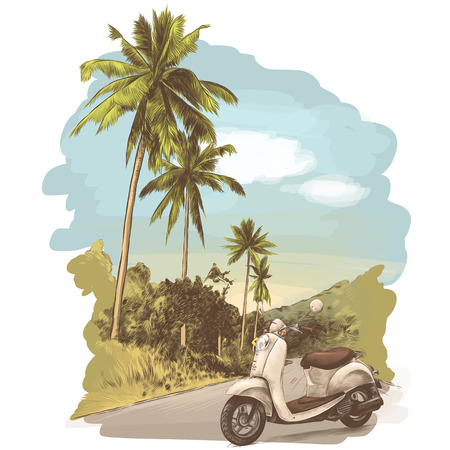 retro bike stands on the road, jungle with palm trees on the edges, sketch vector graphics colored drawingのイラスト素材