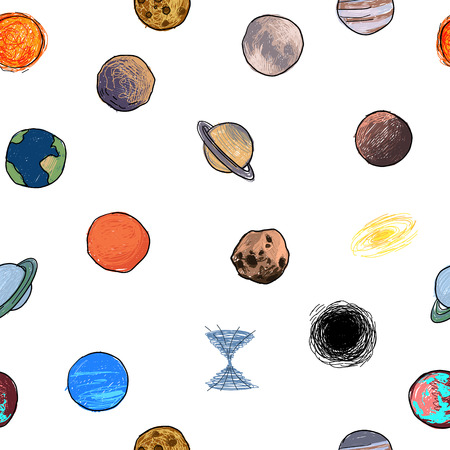 seamless texture with the image of the planets, childrens colored drawing