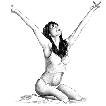 cheerful girl with loose hair sitting on the bed in lingerie with her hands up and smiling, sketch vector graphics monochrome drawingのイラスト素材