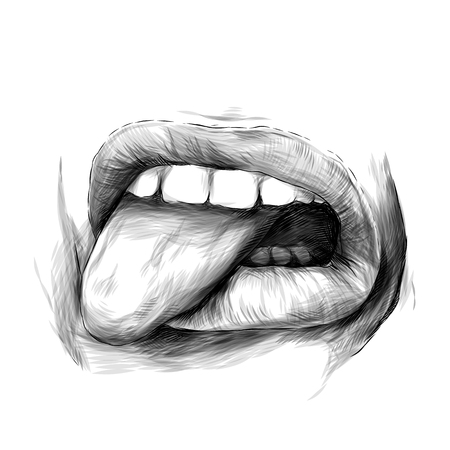women's lips emotion of disgust and dislike, sketch vector graphics monochrome illustrationのイラスト素材
