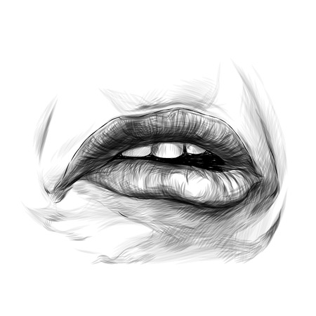 feminine lips, the emotion of sadness frustration and disgust, sketch vector graphics monochrome illustrationのイラスト素材