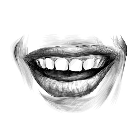women's lips wide kind smile, sketch vector graphics monochrome illustrationのイラスト素材
