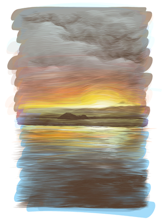 water surface with sunset reflection with small tropical island in the distance, sketch vector graphics color drawingのイラスト素材