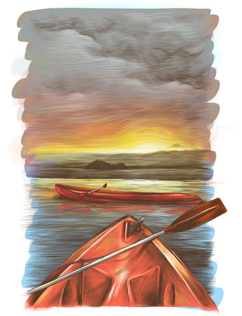 canoes float on the water at sunset one is sideways the second is only visible the front, the sunset is reflected in the water, sketch vector graphics color illustrationのイラスト素材