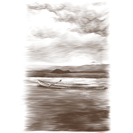 canoe floating on water on sea and small island background in the distance, sketch vector graphics monochrome illustrationの写真素材