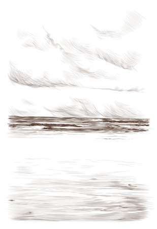 landscape card with a picture of a Sunny sandy beach with sea wave in the distance and clear skies, the sketch vector graphics monochrome illustration on white backgroundのイラスト素材