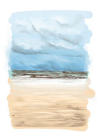 landscape card with a picture of a Sunny sandy beach with sea wave in the distance and clear skies, the sketch vector graphics color illustrationのイラスト素材