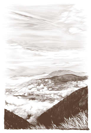 landscape card with mountains and hills in clouds with dry grass in the foreground, sketch vector graphics monochrome illustration on white backgroundのイラスト素材