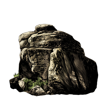 large stone cobblestone with vegetation and grass, sketch vector graphic color illustration on white backgroundのイラスト素材