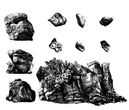 set of different stones boulders and rocks with trees and vegetation, sketch vector graphics monochrome illustration on white backgroundのイラスト素材