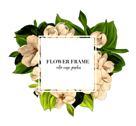 square white frame with lettering decorated with flowers, sketch vector graphic color illustration on white backgroundのイラスト素材