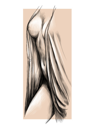 female body with a robe and a half-open robe visible chest and abdomen, part of the body without head and without legs, sketch vector graphics monochrome illustration on a beige backgroundのイラスト素材