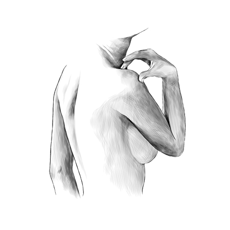 female body arms shoulders shoulder blades and back body part, sketch vector graphic monochrome illustrationのイラスト素材