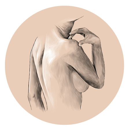 female body arms shoulders shoulder blades and back body part, sketch vector graphic monochrome illustration on beige background with white strokesのイラスト素材