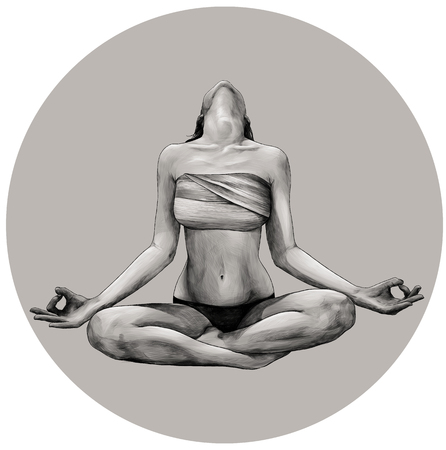 slender girl sitting in Lotus position with her head thrown back so you can not see her face in panties and chest wrapped with cloth, sketch vector graphics monochrome illustration on gray backgroundの写真素材