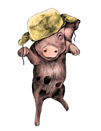 Christmas pig in warm hat on head Bouncing in the air on one paw with raised front paws, sketch vector graphic color illustration on white backgroundのイラスト素材