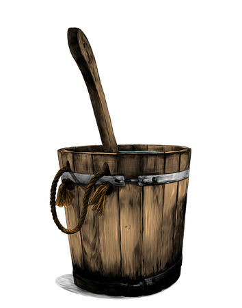 wooden bath bucket with bucket inside, sketch vector graphic color illustration on white backgroundのイラスト素材