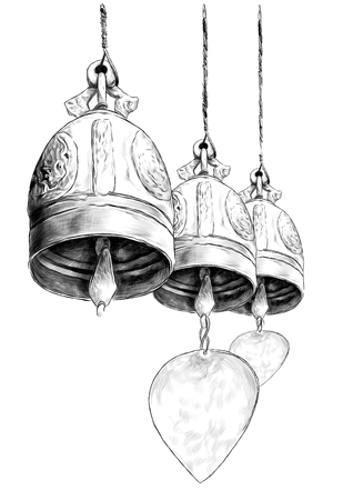three hanging metal bells in Buddhist temple, sketch vector graphics monochrome illustration on white backgroundのイラスト素材