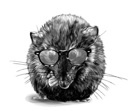 cute mouse sitting cross-legged in fashionable round youth glasses, sketch vector graphics monochrome illustration on white backgroundのイラスト素材