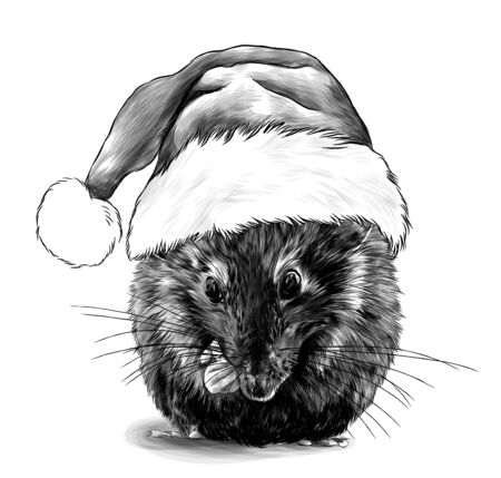 cute mouse sitting cross-legged in a big Christmas hat with fur on his head, sketch vector graphics monochrome illustration on a white backgroundのイラスト素材