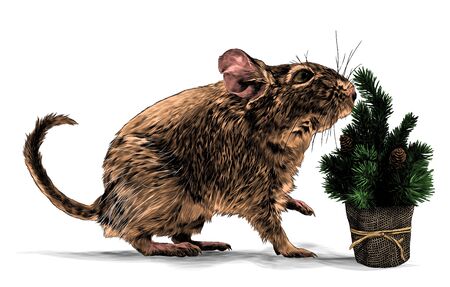 mouse standing sideways full length with raised front paw next to decorative artificial potted Christmas tree, sketch vector graphics color illustration on white backgroundのイラスト素材