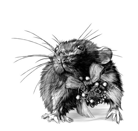 mouse with Christmas bow on neck stands tall and looks forward, sketch vector graphics monochrome illustration on white backgroundのイラスト素材