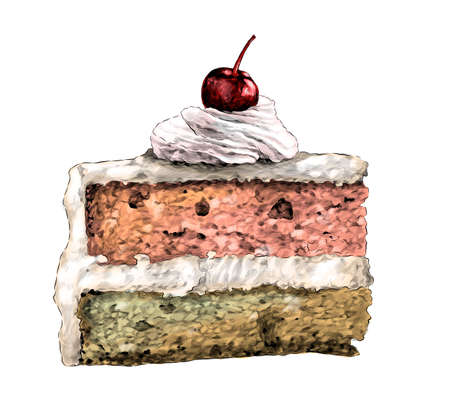 a piece of cake with two cakes soaked in cream with whipped cream and cherry on top, sketch vector graphics color illustration on a white backgroundのイラスト素材