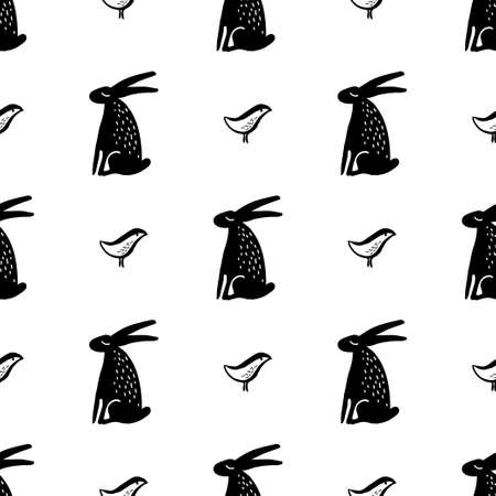 Seamless hand drawn pattern with rabbits.のイラスト素材
