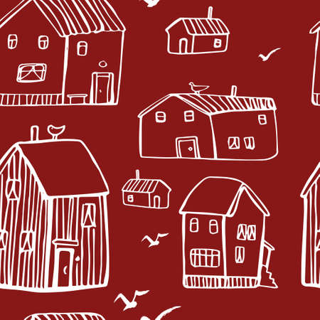 Hand drawn ink pattern with houses.のイラスト素材