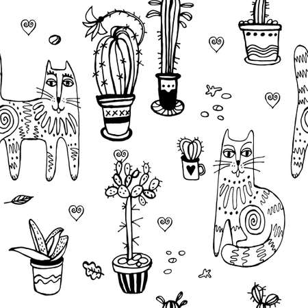 Seamless hand drawn ink pencil pattern with cats.のイラスト素材