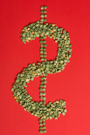 Dry green peas on red background. Top view