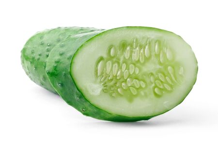 Cucumber and slice isolated on white backgroundの写真素材