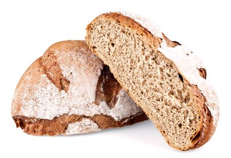Rye bread cut in half isolated on white backgroundの写真素材