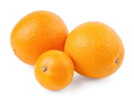Two oranges and mandarin isolated on white backgroundの写真素材