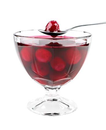 Cherry jam on bowl isolated on white backgroundの写真素材