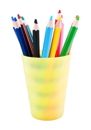 Multicolor pencils in jar isolated on white backgroundの写真素材