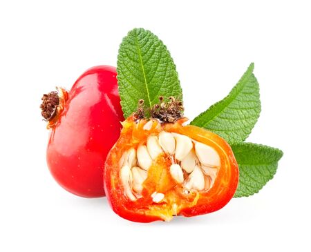 Whole and half rose hip with leaves isolated on white backgroundの写真素材