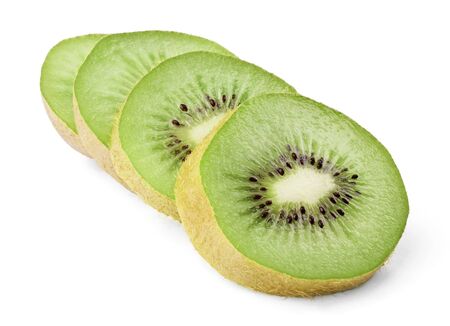 Ripe kiwi slices isolated on white backgroundの写真素材