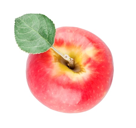 Single red apple with leaf view from top on white backgroundの写真素材