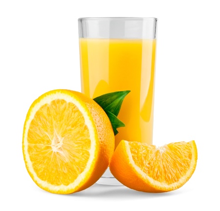 Orange and half with leaves and juice on white backgroundの写真素材